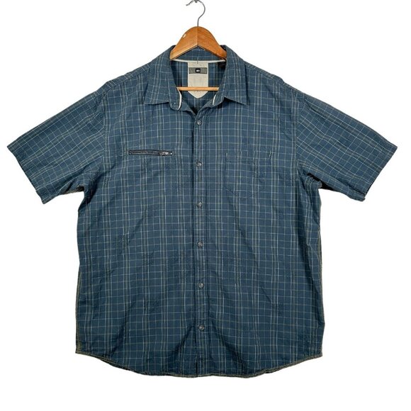 REI Mens Size XL Shirt Short Sleeve Button Front Blue Plaid Y2K Embroidered Sun - Picture 1 of 15